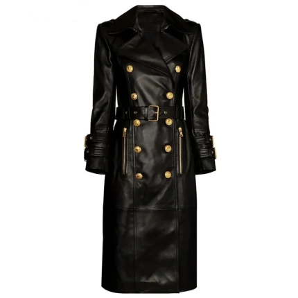 New Winter Luxury Design Double Breasted Black PU Leather Long Coats for Ladies Quality Street Women Trench with Belt