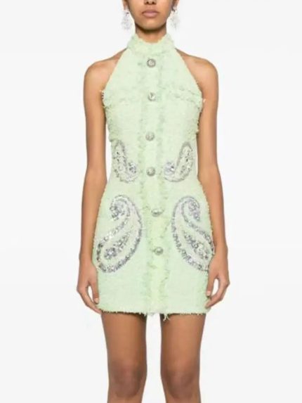 Fine Workmanship Rhinestone Sequins Beading Lady Sexy Halter Backless Sleeveless Women Slim Fitted Party Mini Dress